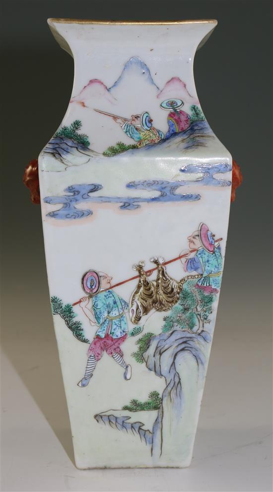 A Chinese famille rose square baluster vase, late 19th century, 23.7cm, chip to rim